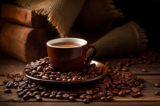 beautiful cup of coffee some coffee beans rustic image