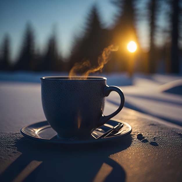 Beautiful cup of coffee with snowy landscape Generative AI