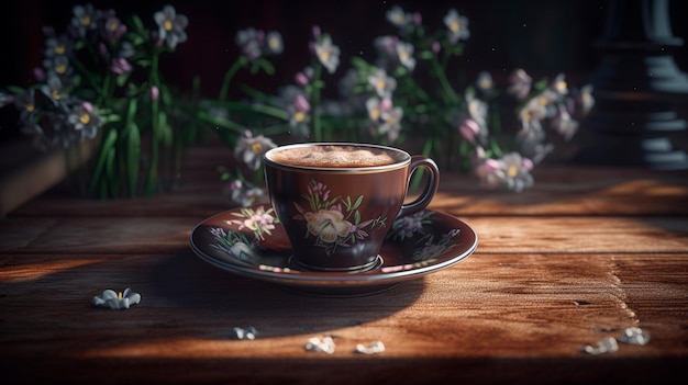 Beautiful Cup of Coffee on a Wooden Table with Spring Flowers Generative AI