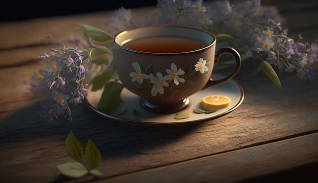 Beautiful Cup of Tea on a Wooden Table with Spring Flowers Generative AI