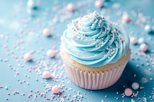 A beautiful cupcake with blue and pink toppings ai generated