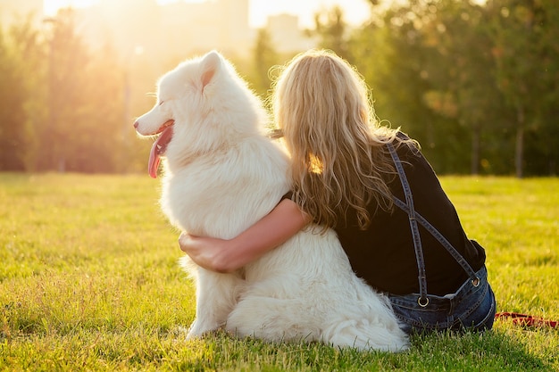 Beautiful curly blonde happy young woman in denim shorts sitting at glass and hugging a white fluffy cute samoyed dog in the summer park sunset rays field background . pet and hostess back view