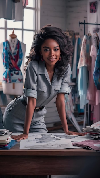 Beautiful curly brunette dark skinned fashion designer poses in office leans on table