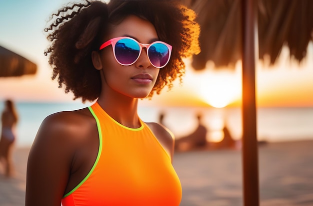 Beautiful curly dark scinned woman in neon glasses and neon swimsuit relaxing on the beach day light