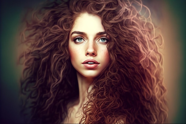 Beautiful curly hair girl with wavy long hair digital portrait 3D illustration