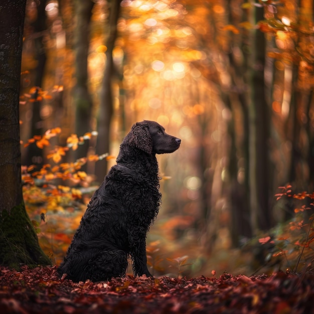 Beautiful CurlyCoated Retriever sitting gracefully in a field