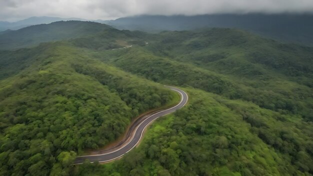 Photo beautiful curve road on green forest up view generative ai