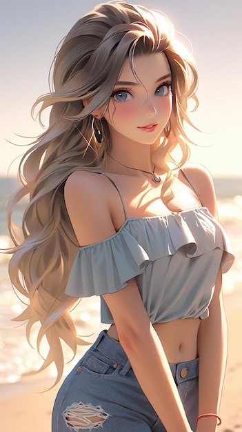 Photo beautiful cute anime girl on the beach