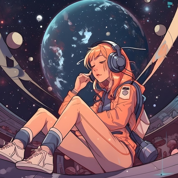 彼女のヘッドフォンで音楽を聴いて宇宙に浮かぶ美しいかわいいアニメの女の子 マンガ スタイル リラックスジェネレーティブ Ai Lofi ヒップホップ音楽 研究少女身も凍るジェネレーティブ Ai