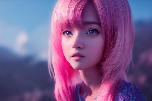 Beautiful Cute Anime Pretty Young Girl. 3d rendering. Raster illustration.