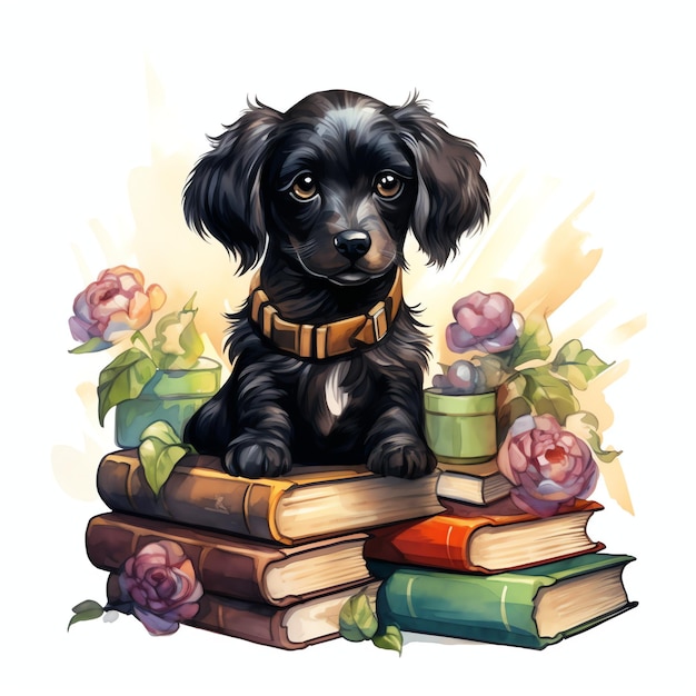 beautiful a cute black dog bookworm reading a book watercolor clipart illustration