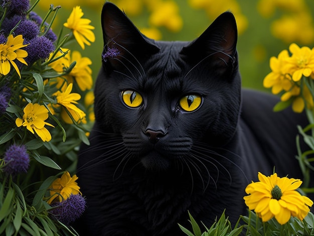 Beautiful cute bombay black cat portrait with yellow eyes lying in garden daisy pink white flowers i