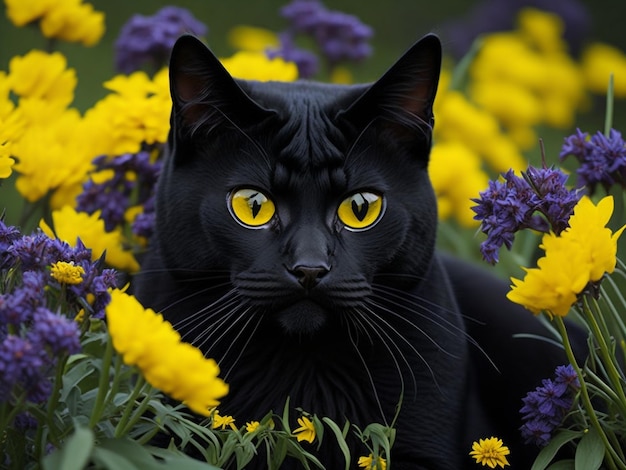 Beautiful cute bombay black cat portrait with yellow eyes lying in garden daisy pink white flowers i