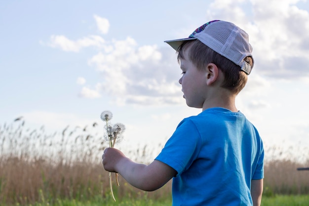 Photo beautiful cute boy blowing on dandelion child in cap and blue tshirt blowing dandelion