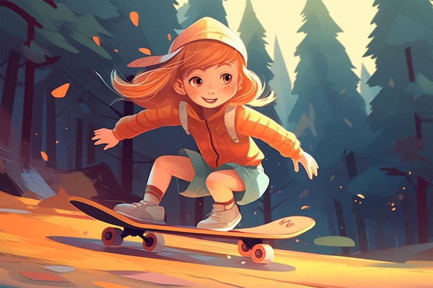 beautiful cute cartoon girl riding a skateboard extreme closeup generative ai