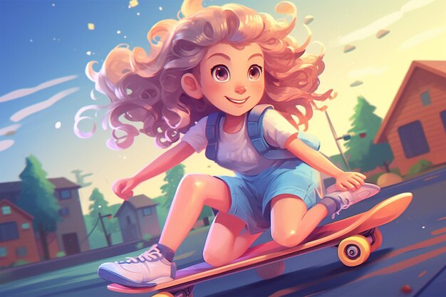 Photo beautiful cute cartoon girl riding a skateboard extreme closeup generative ai