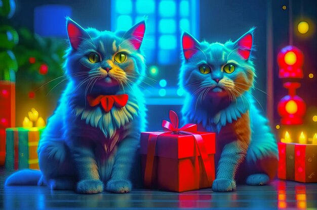 Красивые милые кошки с рождественскими подарками в праздничном интерьере