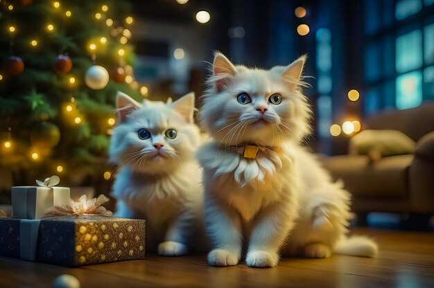 写真 美しい可愛い猫とクリスマスの贈り物を祝いのインテリアで