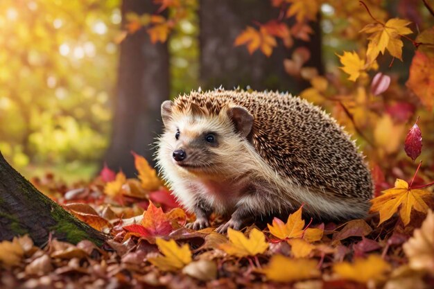 Beautiful cute closeup hedgehog among the fall leaves