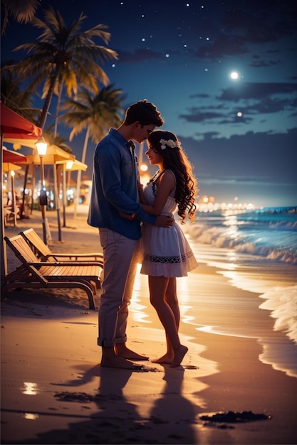 Красивые пары на ночном пляже.
