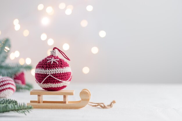 Beautiful cute crocheted christmas ball for decoration Horizontal Banner with copyspace