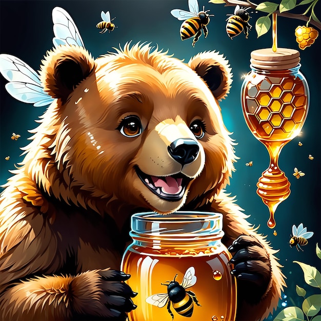a beautiful cute cuddly very smile honey brown skin bear honey jar in hand beeart by kajenna