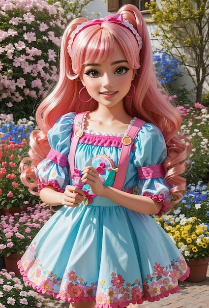 A beautiful and cute doll girl in flowers garden