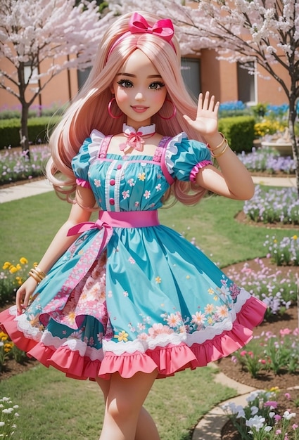 A beautiful and cute doll girl in flowers garden