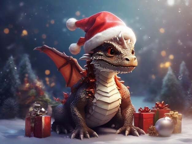 beautiful cute dragon in Santa Claus