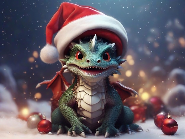 beautiful cute dragon in Santa Claus