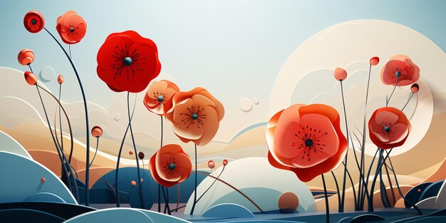 Beautiful and cute flowers illustration with vintage and bauhaus color style generative ai