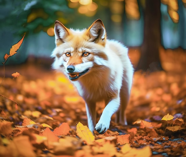 Beautiful cute fox in winter white fur cute fox runs in the fall through the autumn leaves