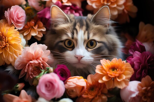 Фото Красивая милая рыжая кошка среди цветов генеративный ии