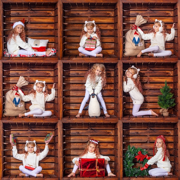 Beautiful cute girl child in a wooden square location in Christmas decorations collage