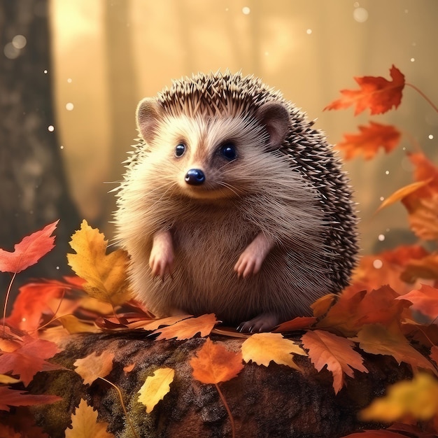 Beautiful Cute Hedgehog Sitting in Leaves extreme closeup Generative AI