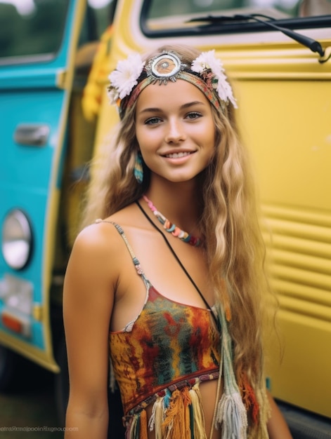 Photo beautiful cute hippie young woman on festival