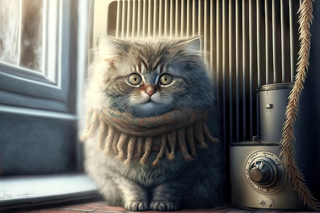 A beautiful cute kitten on heating radiator with fluffy coat sits on his paws