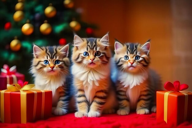 Красивые милые котятки с рождественскими подарками в праздничном интерьере