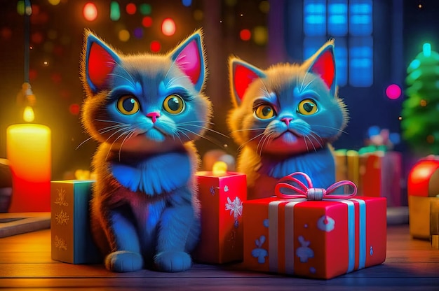 Beautiful cute kittens with Christmas gifts in a festive interior