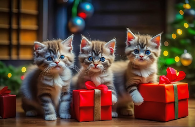 Beautiful cute kittens with Christmas gifts in a festive interior