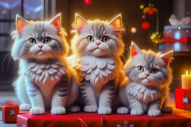 Beautiful cute kittens with Christmas gifts in a festive interior