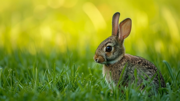 beautiful Cute little bunny in grass with ears up looking away Generative Ai