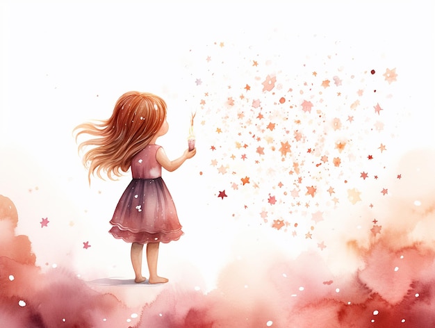 Beautiful cute little girl leave cloud of magical golden sparkles Backview Fairy tale illustration