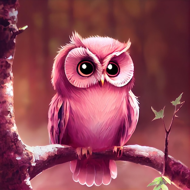 Beautiful cute owl in fairy forest sitting on a branch