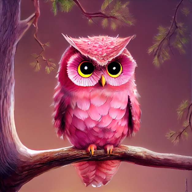 Beautiful cute owl in fairy forest sitting on a branch