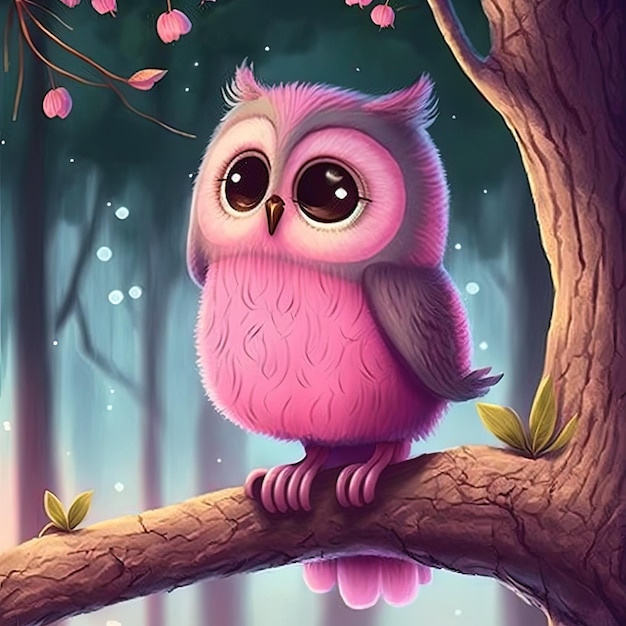 Beautiful cute owl in fairy forest sitting on a branch