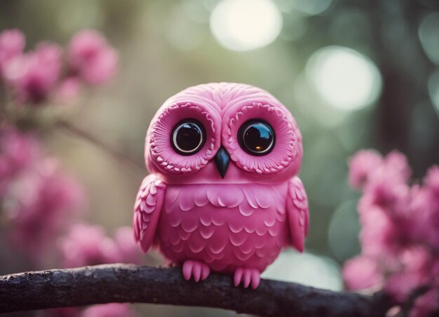 Photo a beautiful cute owl in fairy forest sitting on a branch