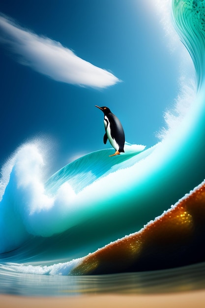 Beautiful and cute penguin snowboarding