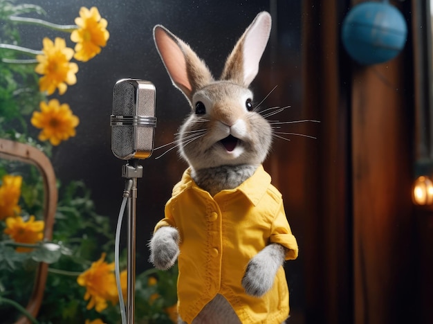 Beautiful cute rabbit in yellow costume singing in microphone extreme closeup generative ai