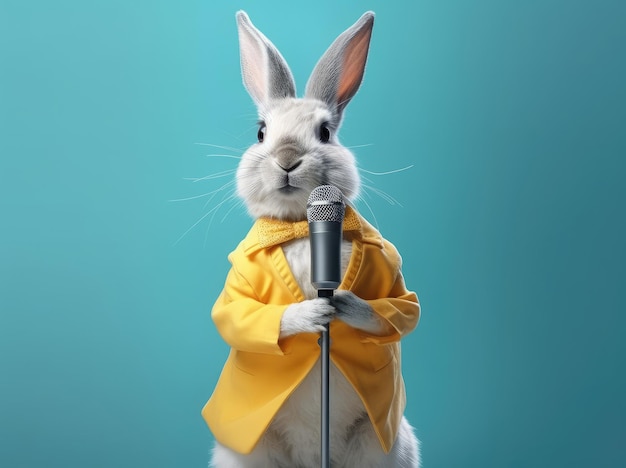 Beautiful Cute Rabbit in Yellow Costume Singing in Microphone extreme closeup Generative AI